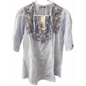 Johnny Was Tanya Tonal Periwinkle Blouse S 3/4 Sleeve Pullover Embroidered Cotto